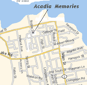 Street map of Bar Harbor, Maine showing Acadia Memories vacation rental cottage in Bar Harbor, Maine